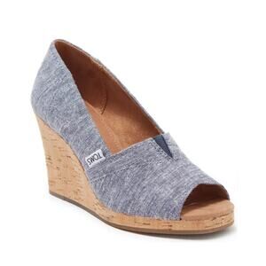 Tom’s Navy Slub Chambray Cork Wedge Heels NEW 8